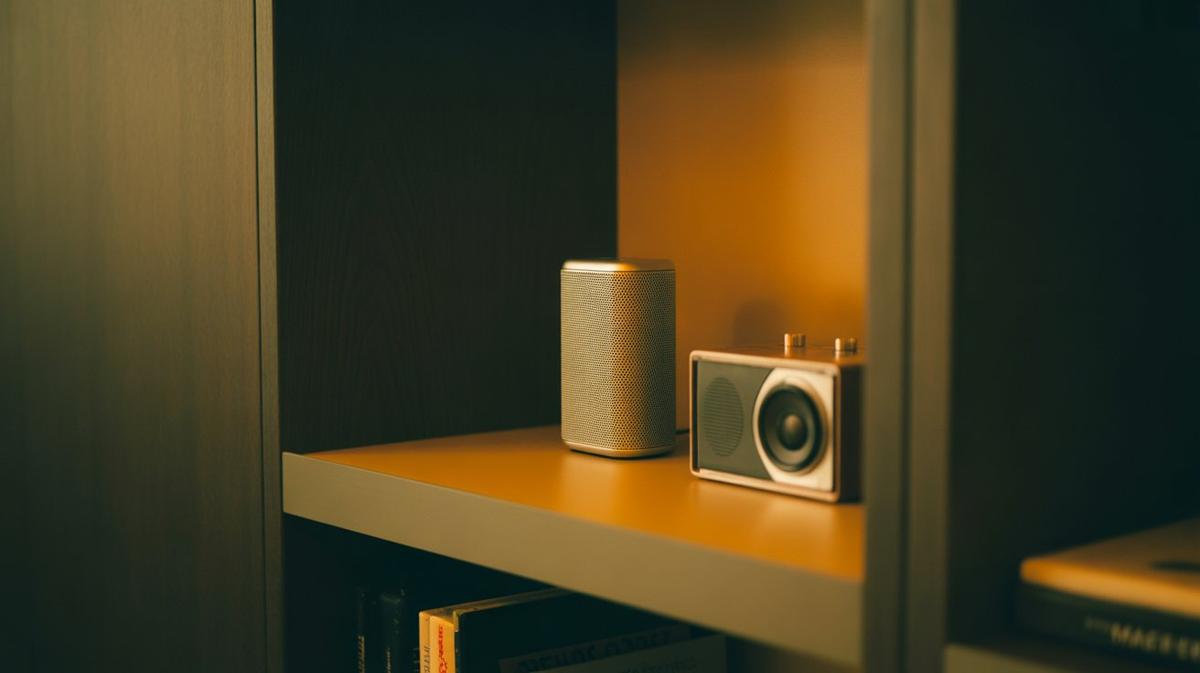 Smart speaker beside a small radio, amber glow
