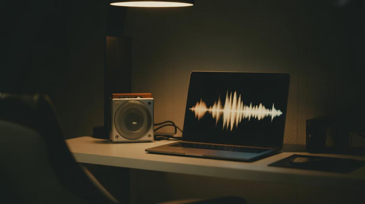 Laptop waveform beside a radio in warm light