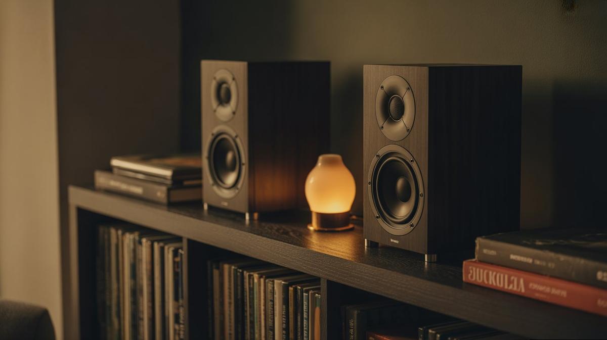 Bookshelf speakers glowing softly at dusk