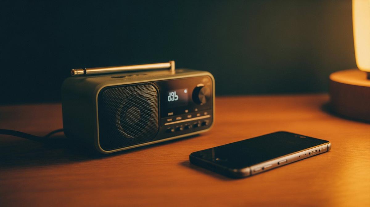 DAB radio and smartphone side by side in warm light