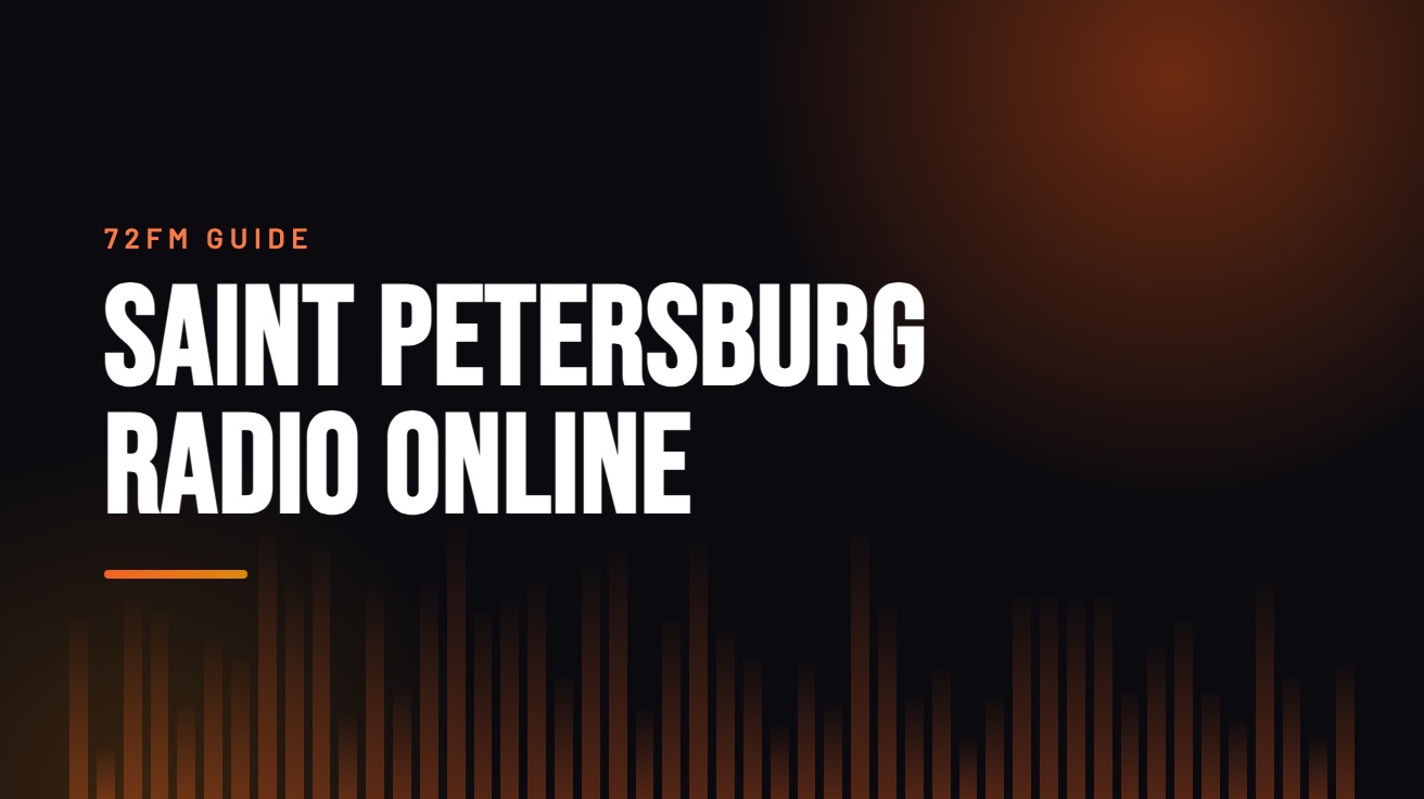 Title card for the guide: Saint Petersburg Radio Online, in amber on black with an equaliser motif