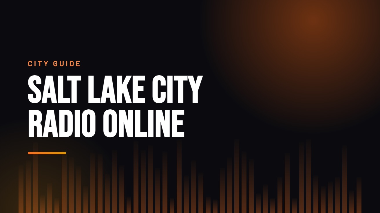 Title card for the guide: Salt Lake City Radio Online, in amber on black with an equaliser motif