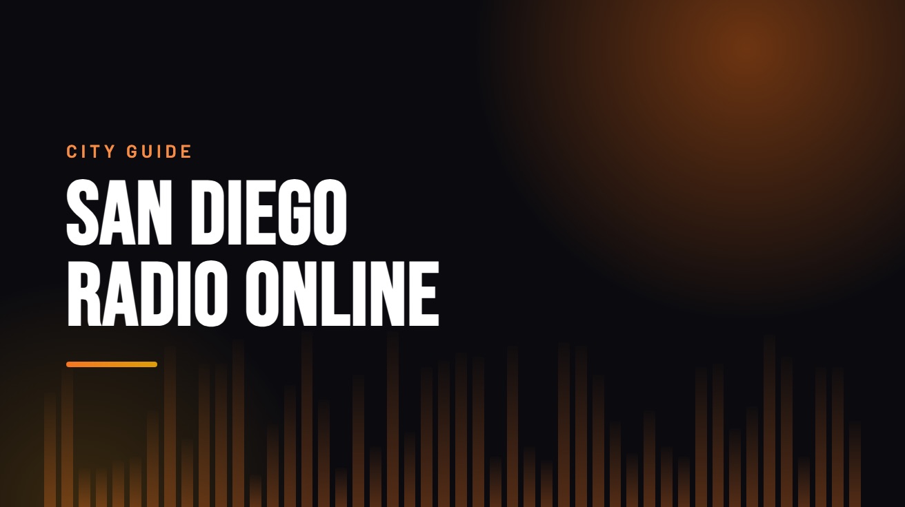 Title card for the guide: San Diego Radio Online, in amber on black with an equaliser motif