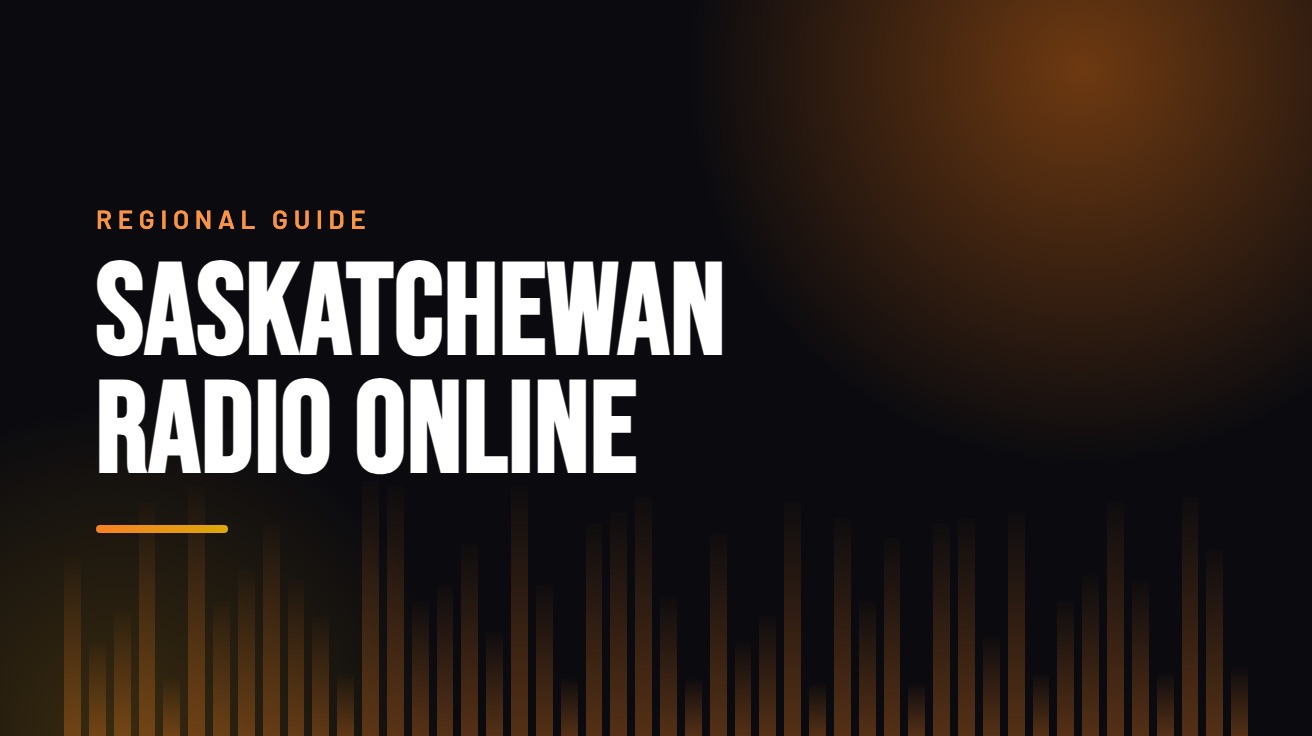 Title card for the guide: Saskatchewan Radio Online, in amber on black with an equaliser motif