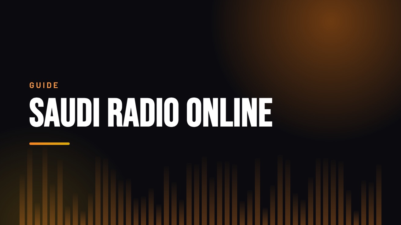 Title card for the guide: Saudi Radio Online, in amber on black with an equaliser motif