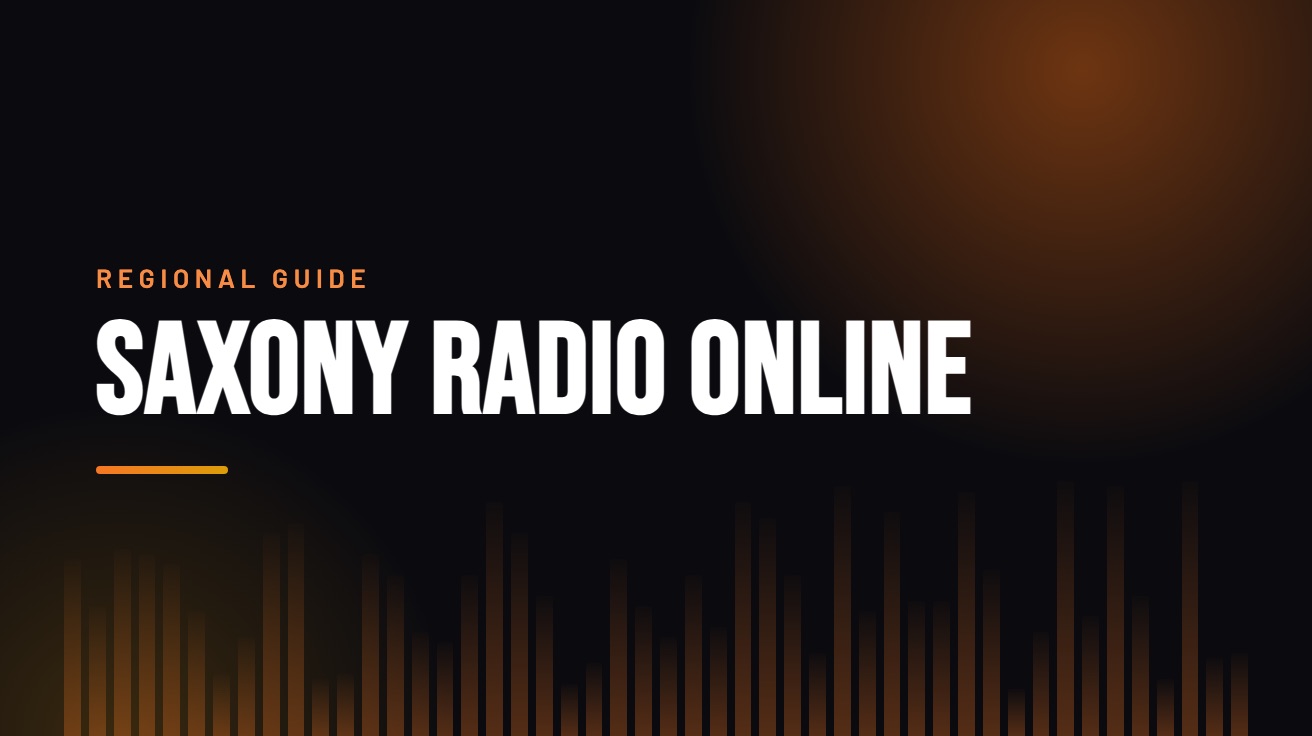 Title card for the guide: Saxony Radio Online, in amber on black with an equaliser motif