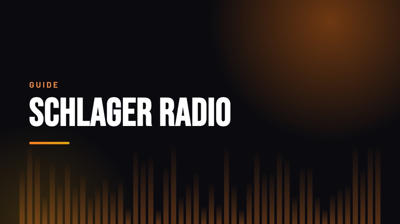 Title card for the guide: Schlager Radio Online, in amber on black with an equaliser motif