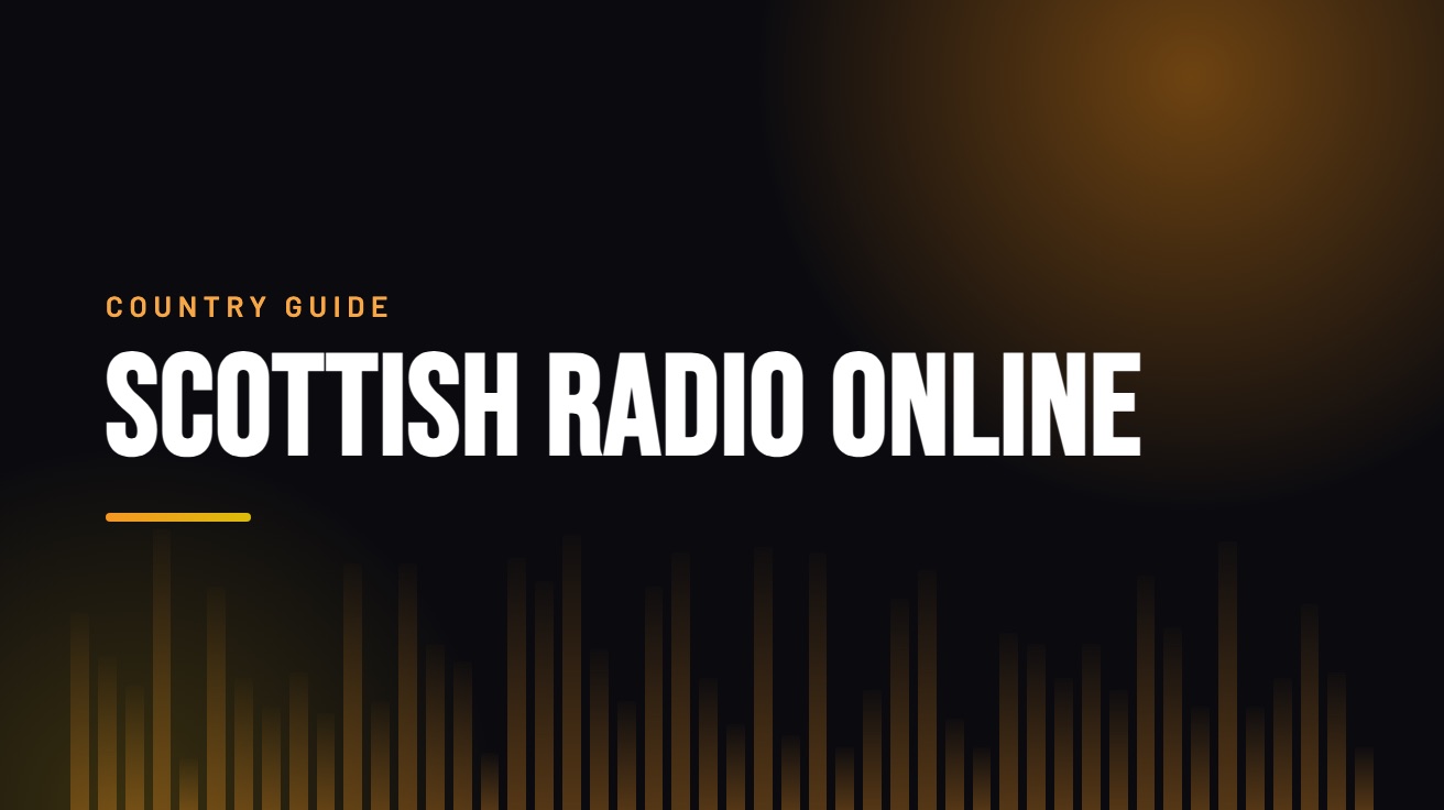 Title card for the guide: Scottish Radio Online, in amber on black with an equaliser motif