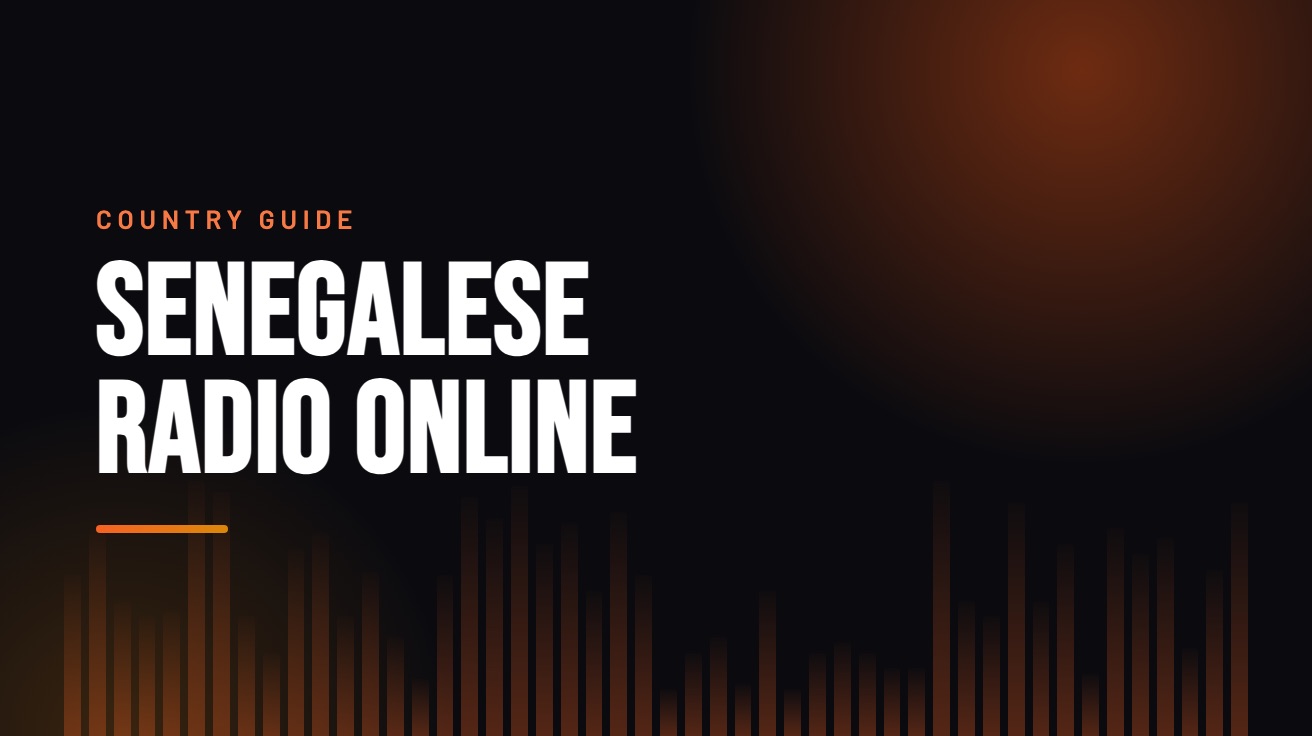 Title card for the guide: Senegalese Radio Online, in amber on black with an equaliser motif