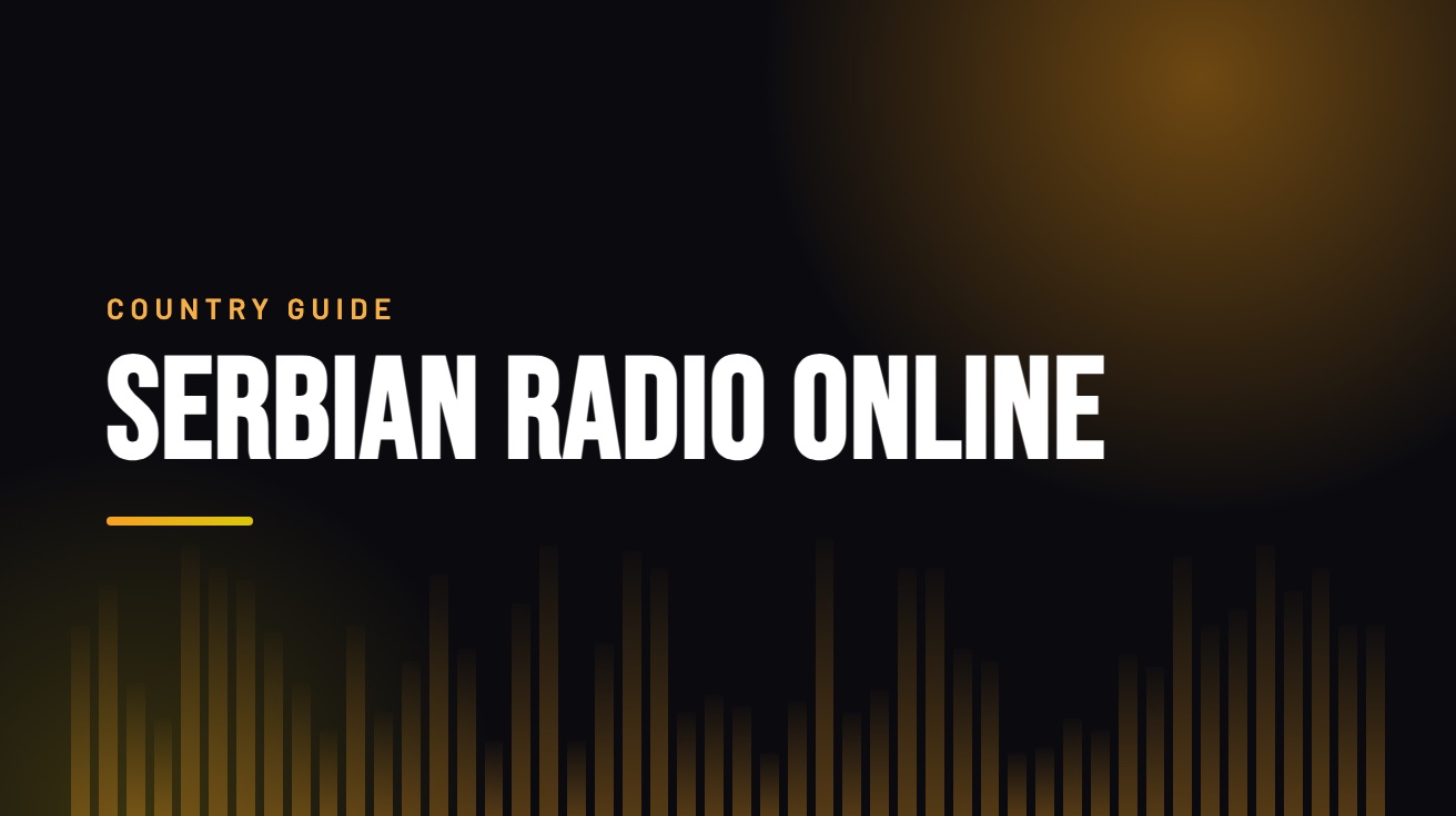 Title card for the guide: Serbian Radio Online, in amber on black with an equaliser motif