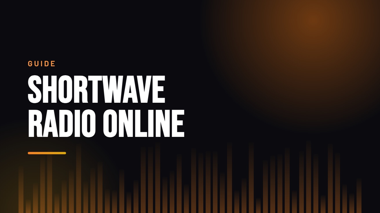 Title card for the guide: Shortwave Radio Online, in amber on black with an equaliser motif