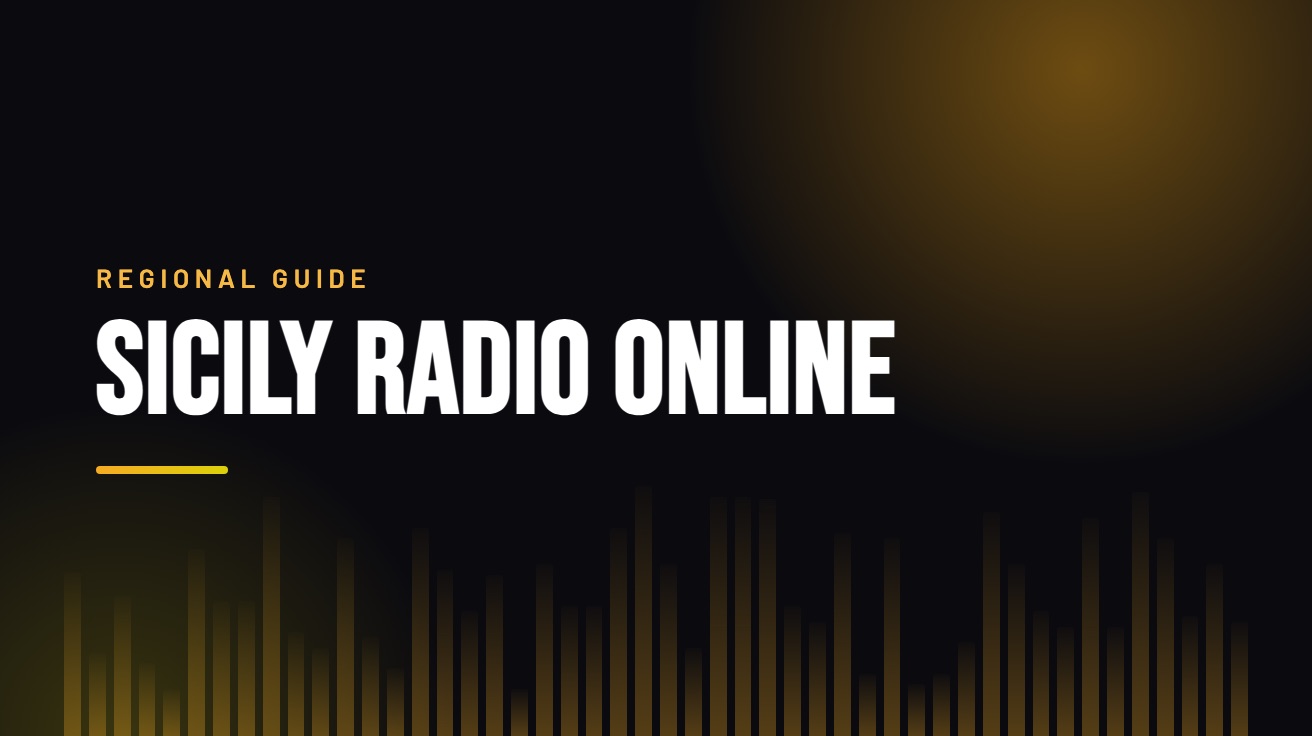 Title card for the guide: Sicily Radio Online, in amber on black with an equaliser motif
