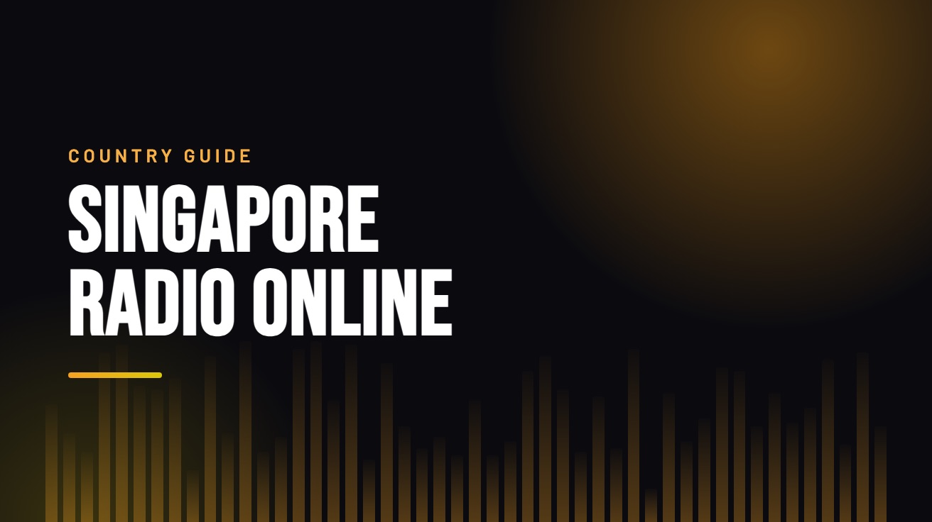 Title card for the guide: Singapore Radio Online, in amber on black with an equaliser motif