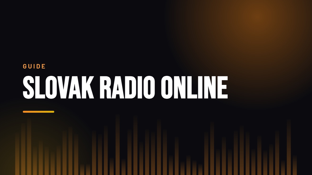 Title card for the guide: Slovak Radio Online, in amber on black with an equaliser motif
