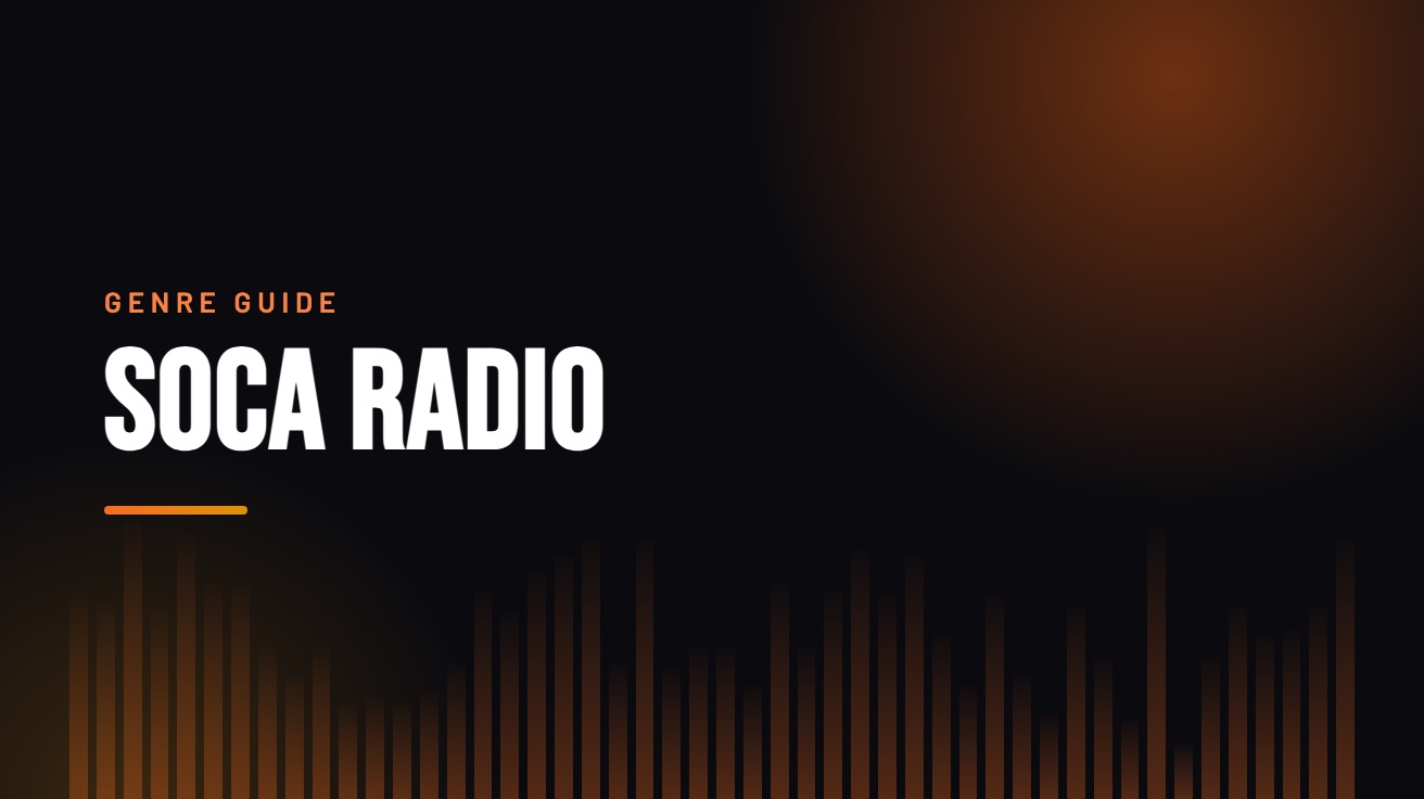 Title card for the guide: Soca Radio, in amber on black with an equaliser motif