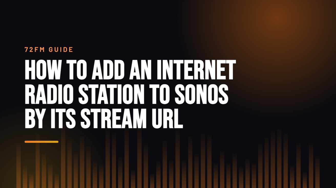 Title card for the guide: How to Add an Internet Radio Station to Sonos by Its Stream URL, in amber on black with an equaliser motif