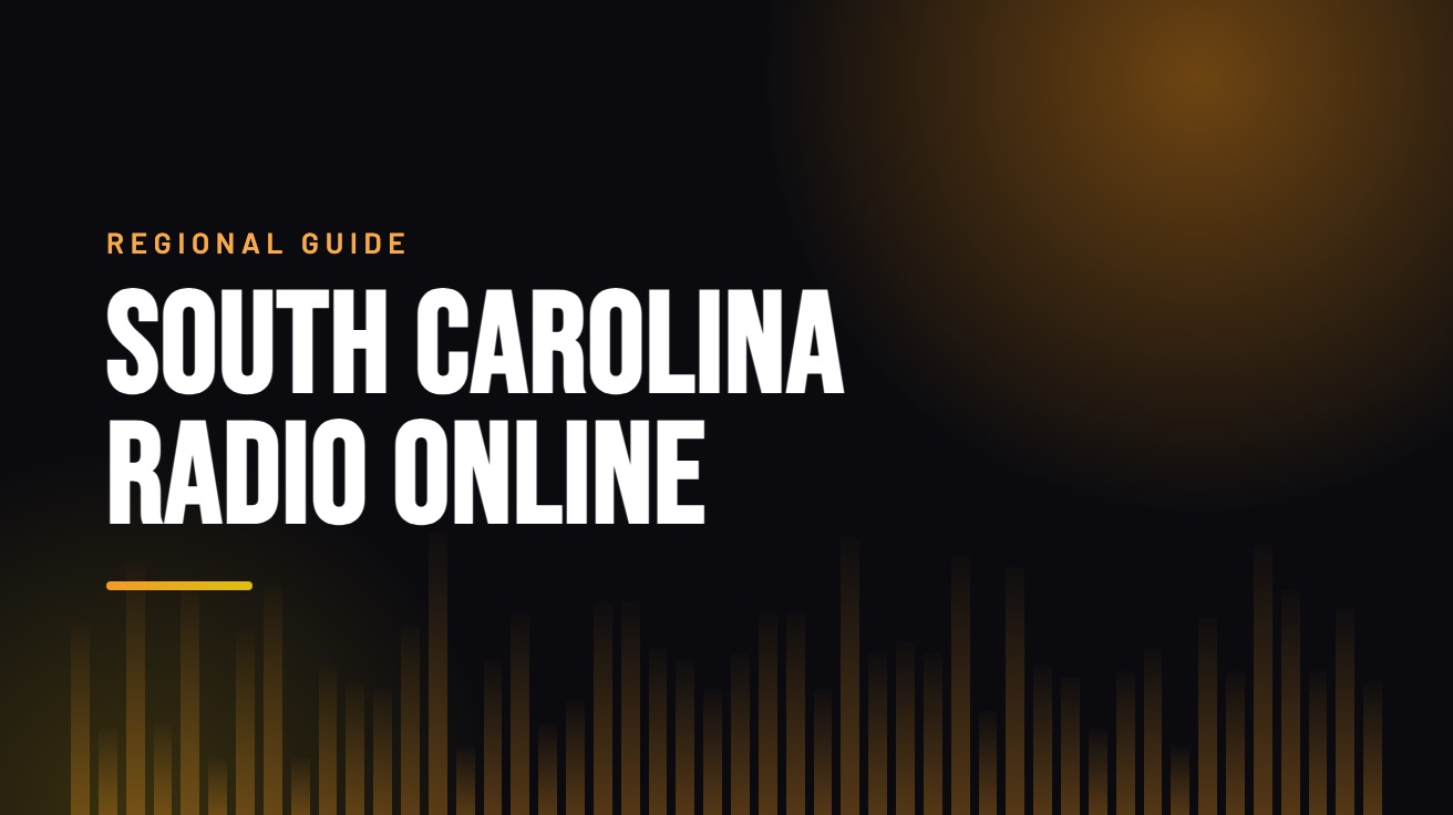 Title card for the guide: South Carolina Radio Online, in amber on black with an equaliser motif