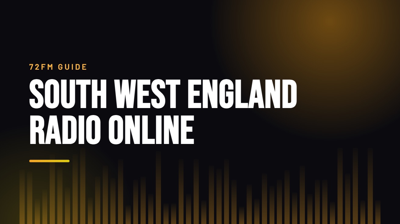 Title card for the guide: South West England Radio Online, in amber on black with an equaliser motif