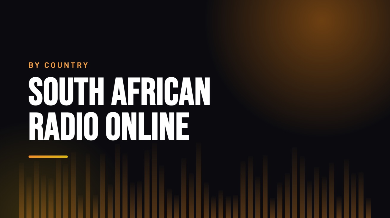 Title card for the guide: South African Radio Online, in amber on black with an equaliser motif