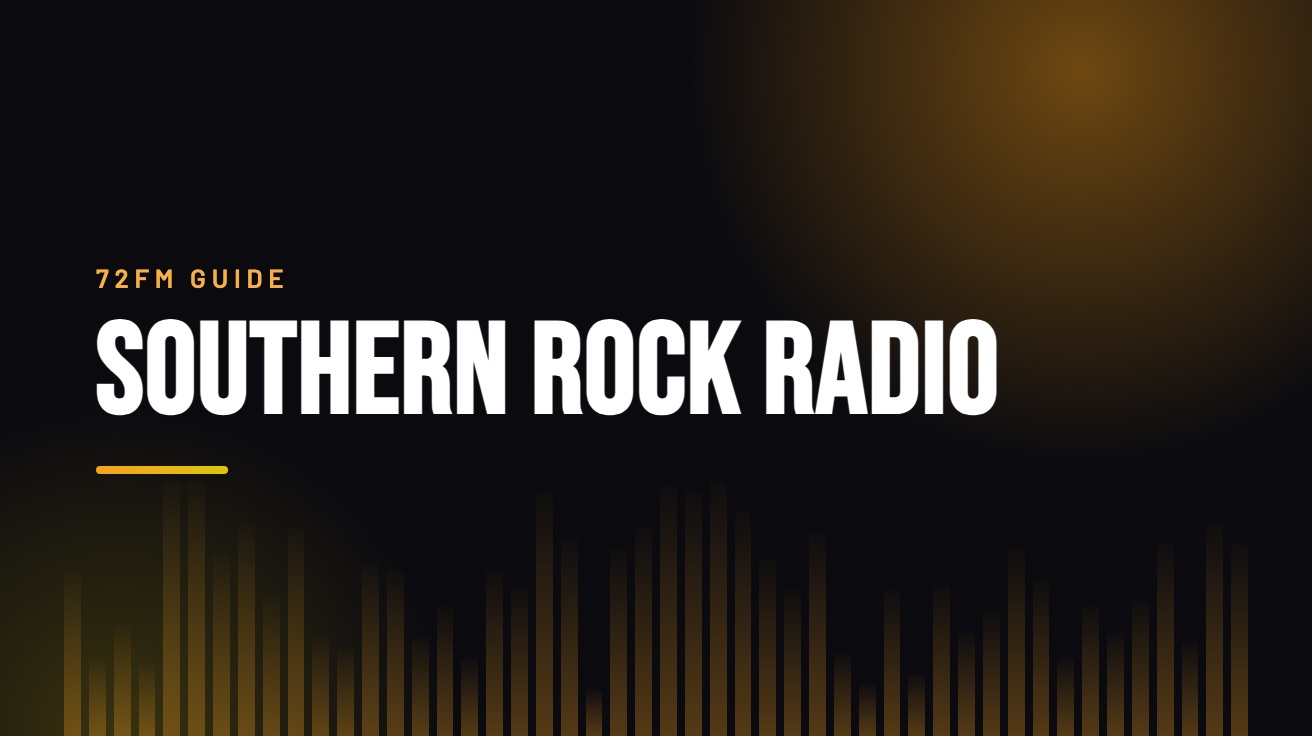 Title card for the guide: Southern Rock Radio, in amber on black with an equaliser motif