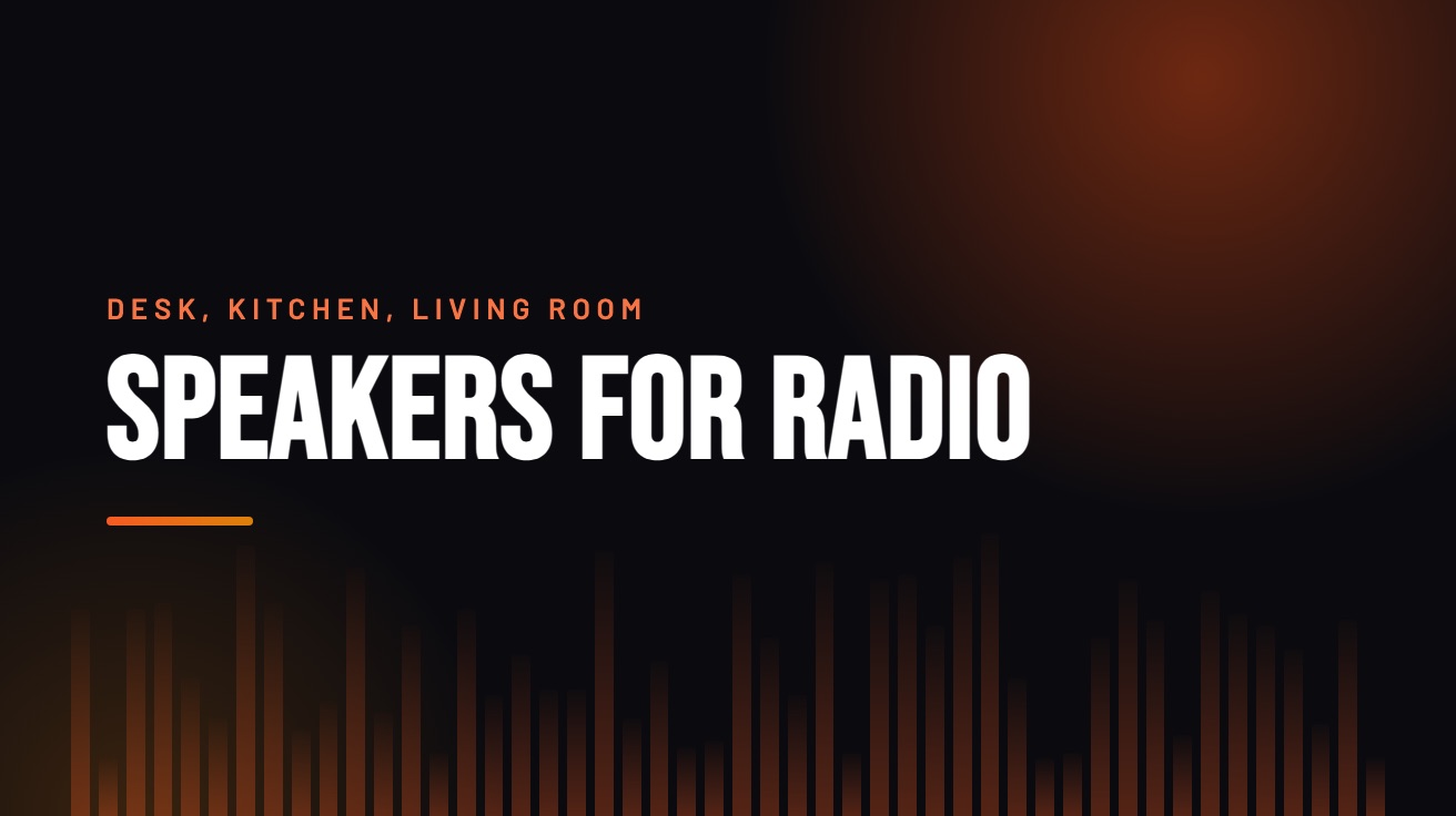 Title card for the guide: Speakers for Radio, in amber on black with an equaliser motif