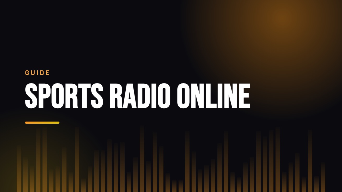 Title card for the guide: Sports Radio Online, in amber on black with an equaliser motif