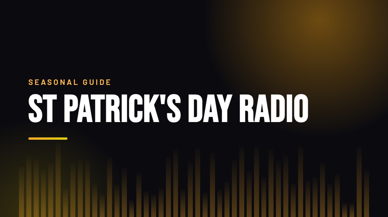 Title card for the guide: St Patrick's Day Radio, in amber on black with an equaliser motif