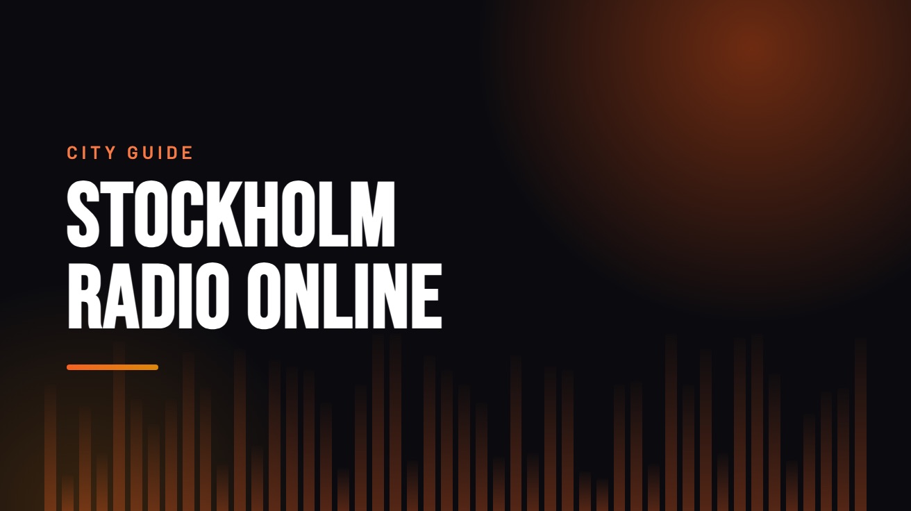 Title card for the guide: Stockholm Radio Online, in amber on black with an equaliser motif
