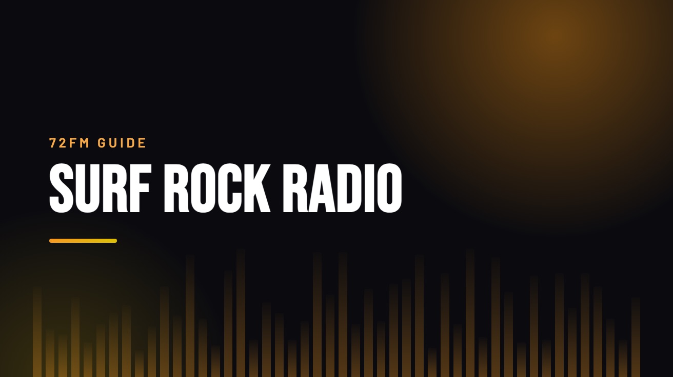 Title card for the guide: Surf Rock Radio, in amber on black with an equaliser motif