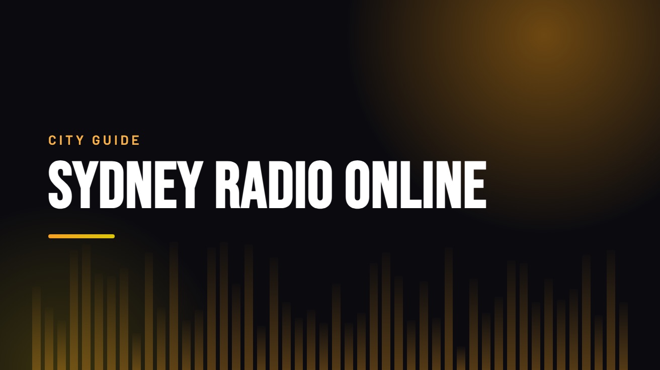 Title card for the guide: Sydney Radio Online, in amber on black with an equaliser motif