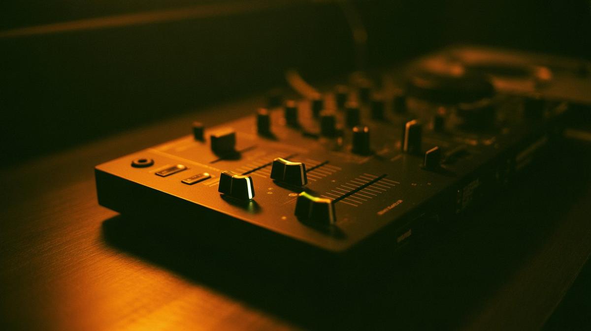 DJ mixer with two glowing faders in warm light