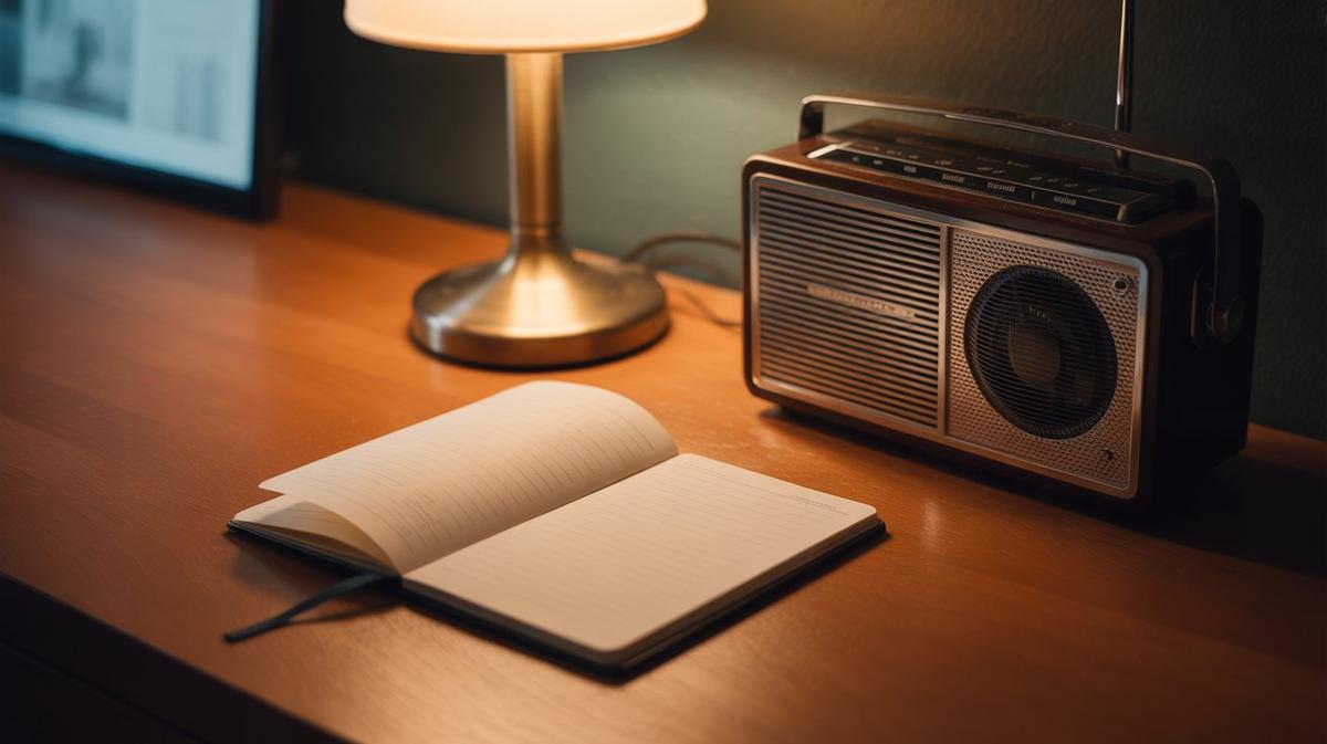 Open notebook and a vintage radio in warm light