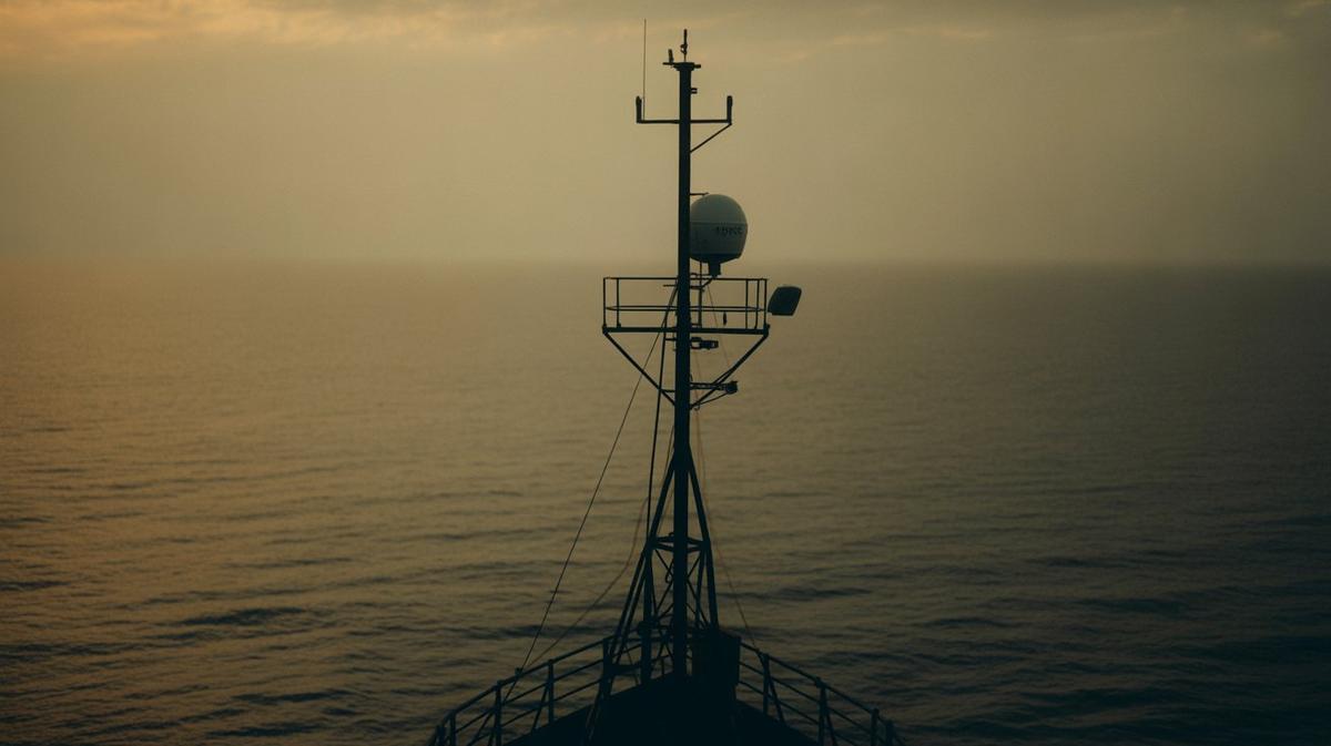 Radio-mast silhouette against a warm sunset sea