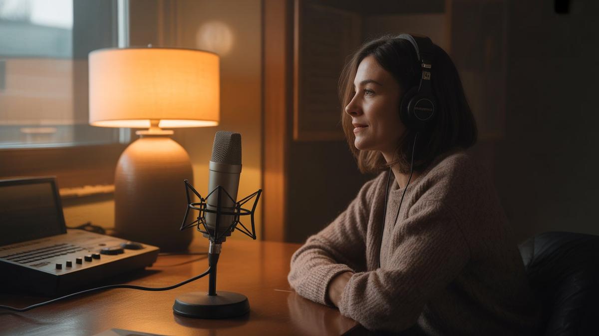 Small community radio studio in warm light