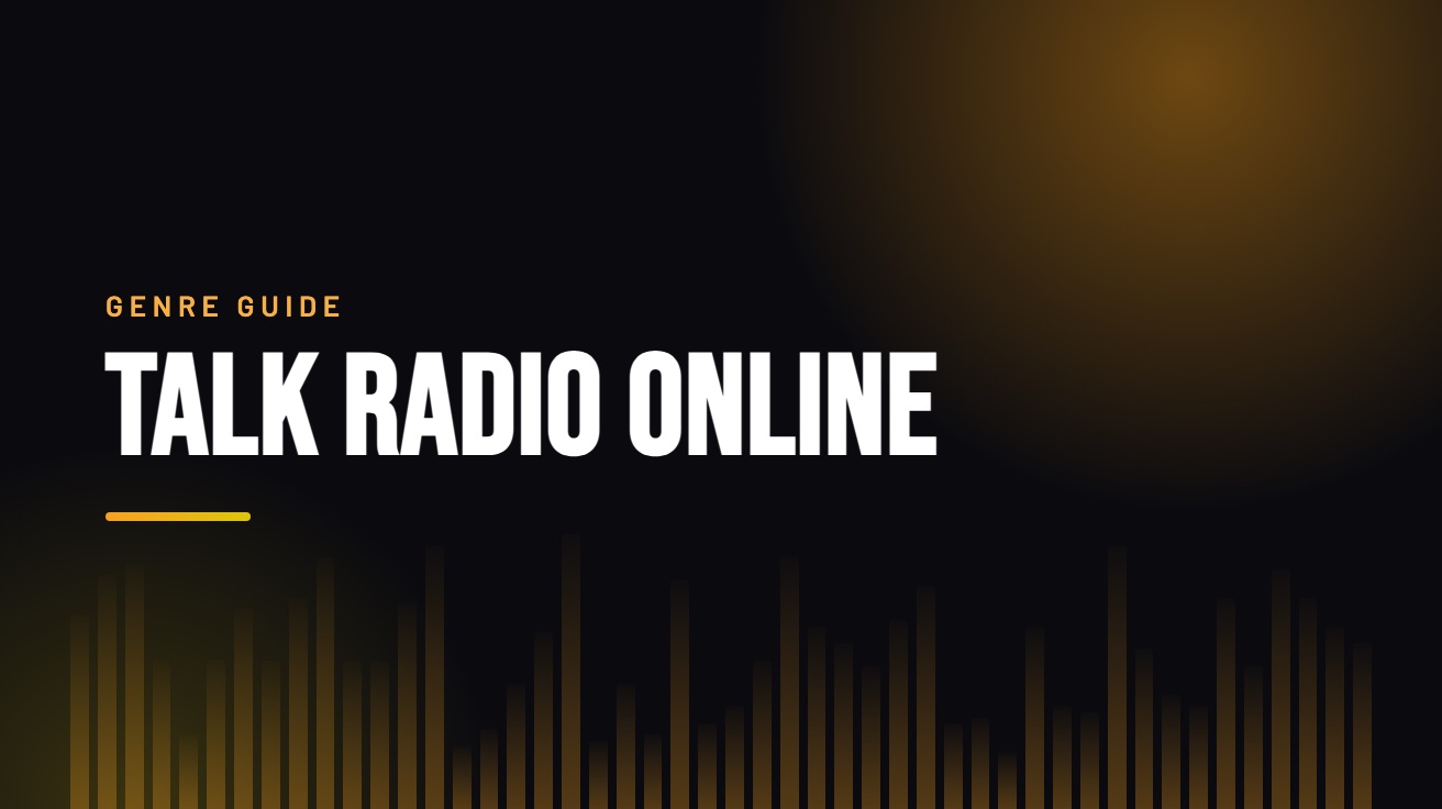 Title card for the guide: Talk Radio Online, in amber on black with an equaliser motif