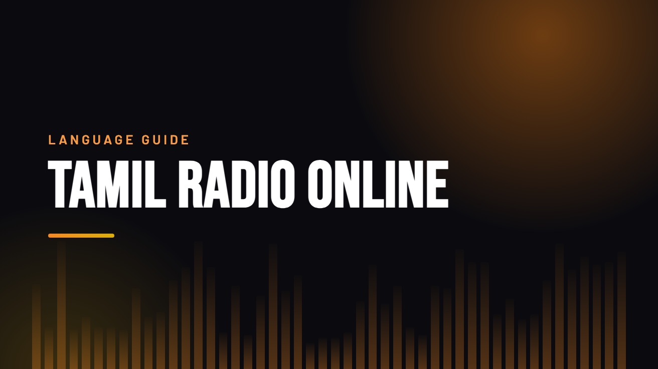 Title card for the guide: Tamil Radio Online, in amber on black with an equaliser motif
