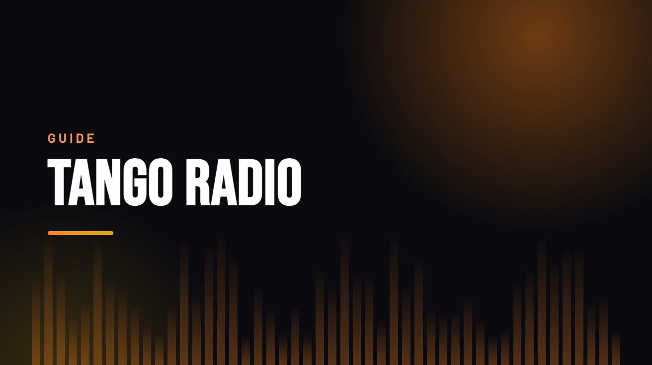 Title card for the guide: Tango Radio Online, in amber on black with an equaliser motif