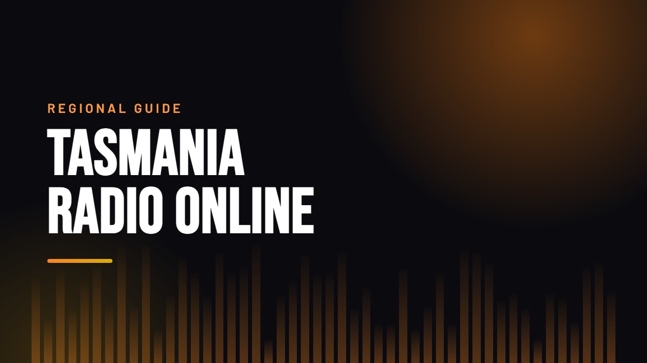 Title card for the guide: Tasmania Radio Online, in amber on black with an equaliser motif