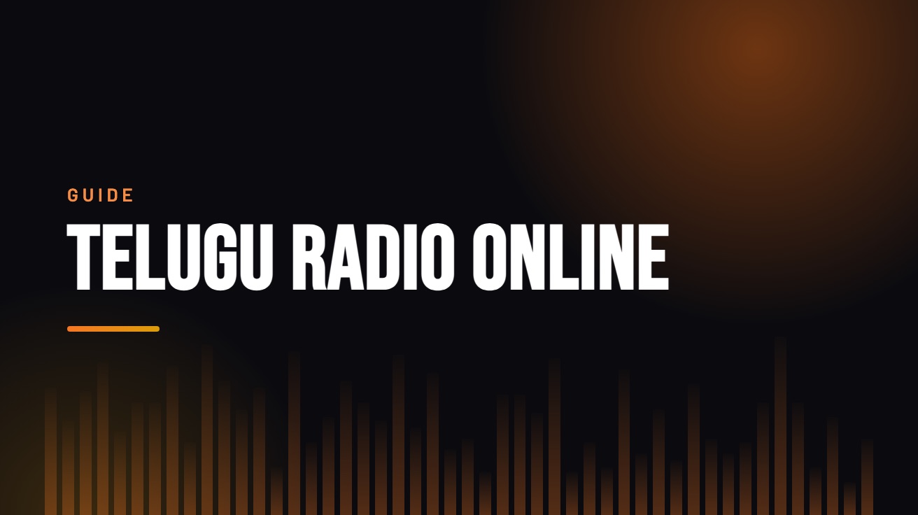 Title card for the guide: Telugu Radio Online, in amber on black with an equaliser motif