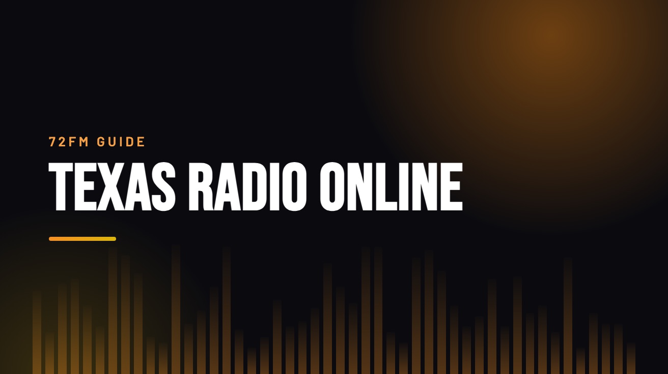 Title card for the guide: Texas Radio Online, in amber on black with an equaliser motif