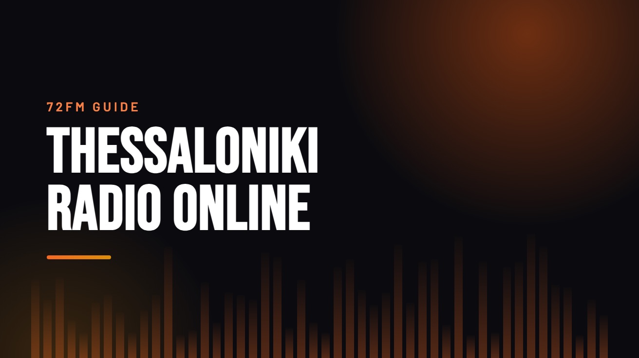 Title card for the guide: Thessaloniki Radio Online, in amber on black with an equaliser motif