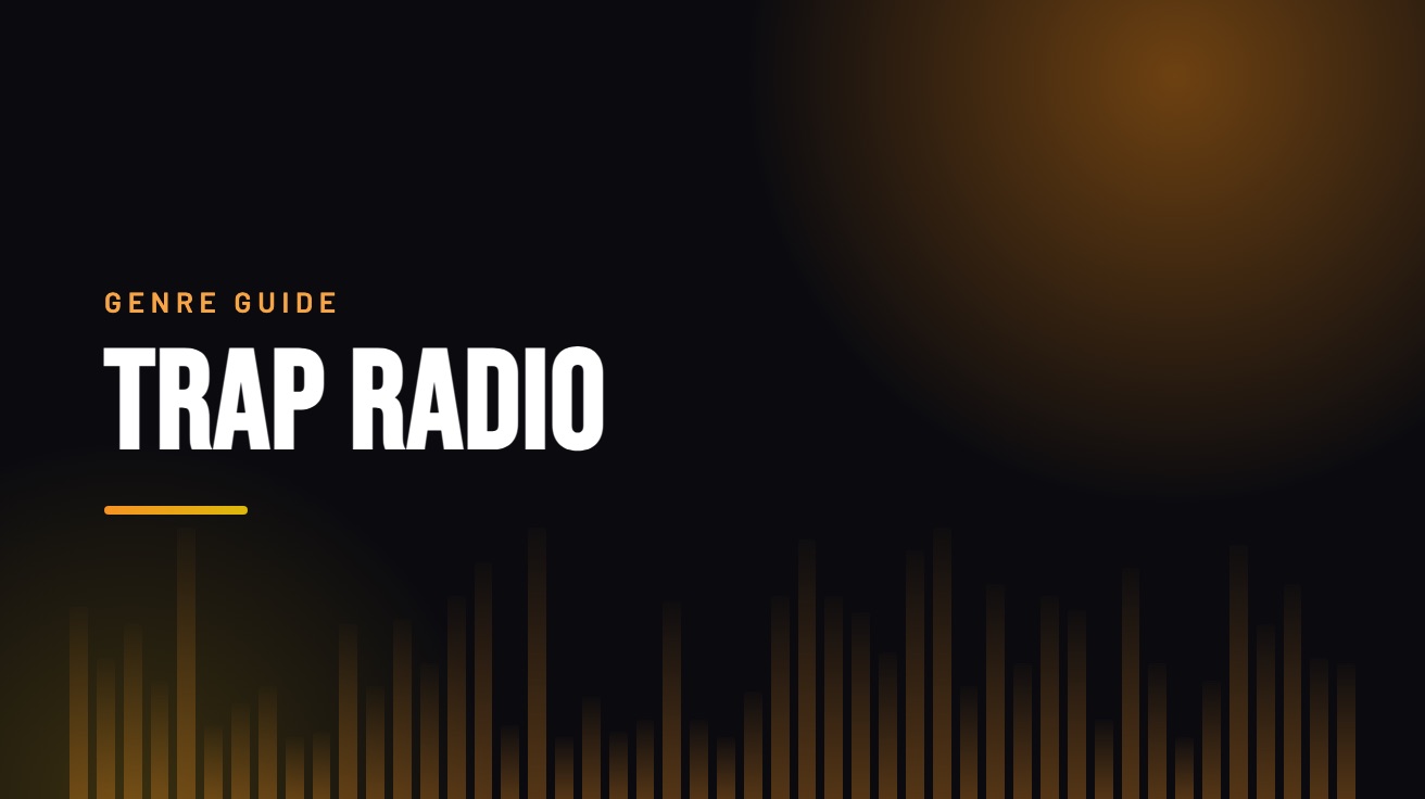 Title card for the guide: Trap Radio, in amber on black with an equaliser motif