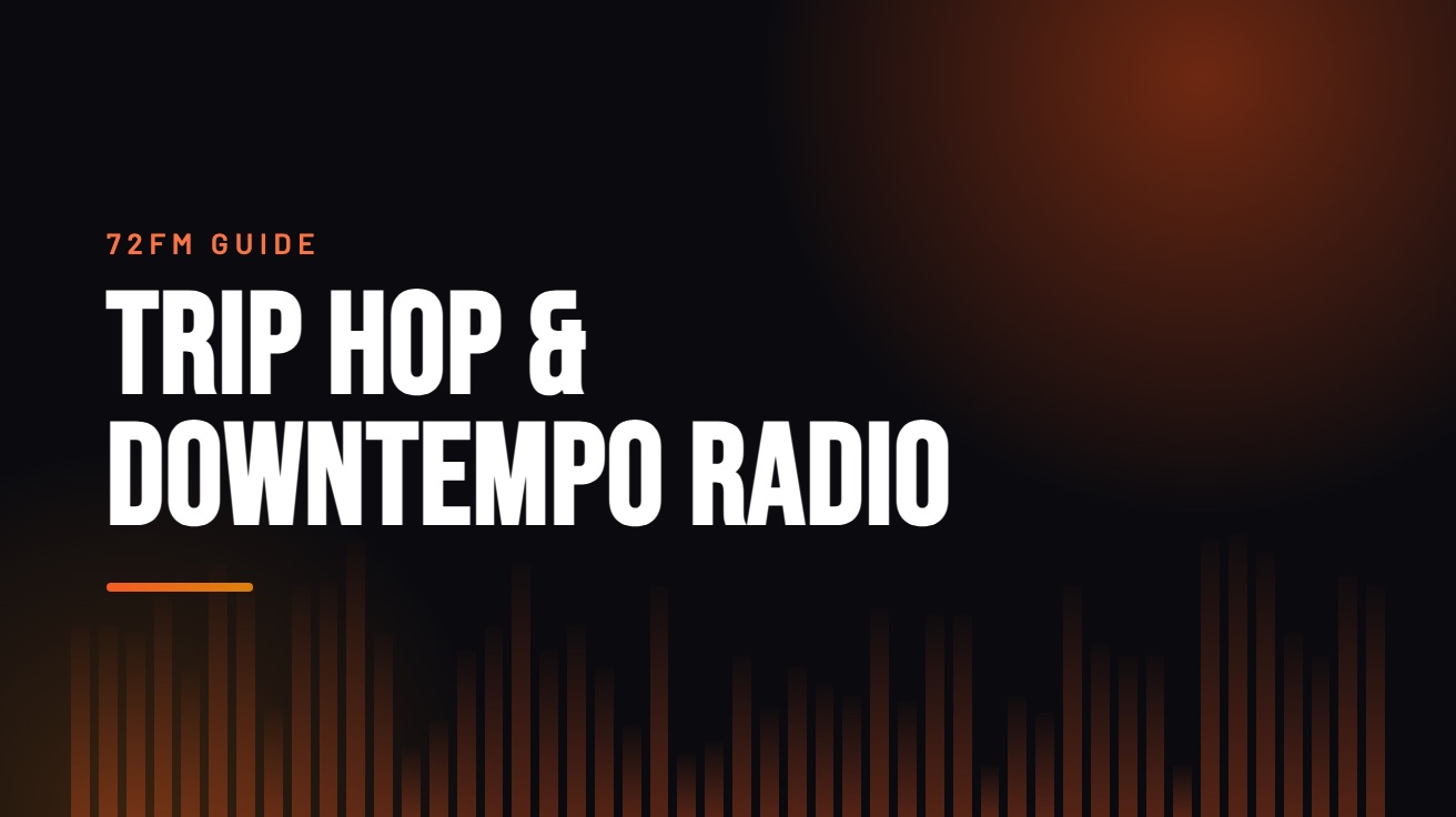 Title card for the guide: Trip Hop and Downtempo Radio, in amber on black with an equaliser motif