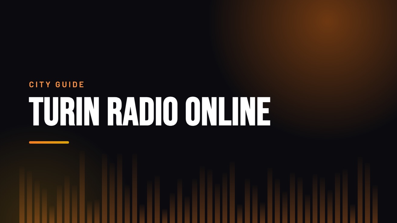 Title card for the guide: Turin Radio Online, in amber on black with an equaliser motif