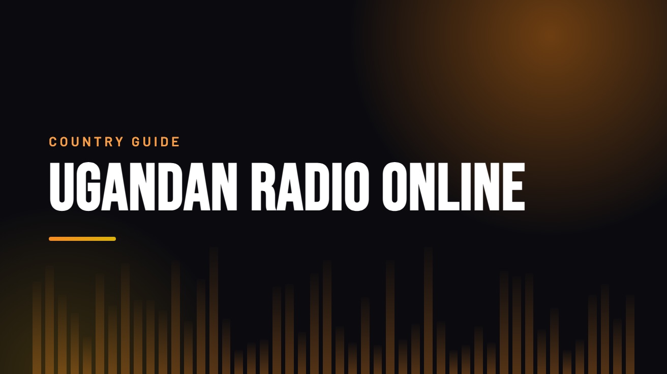 Title card for the guide: Ugandan Radio Online, in amber on black with an equaliser motif
