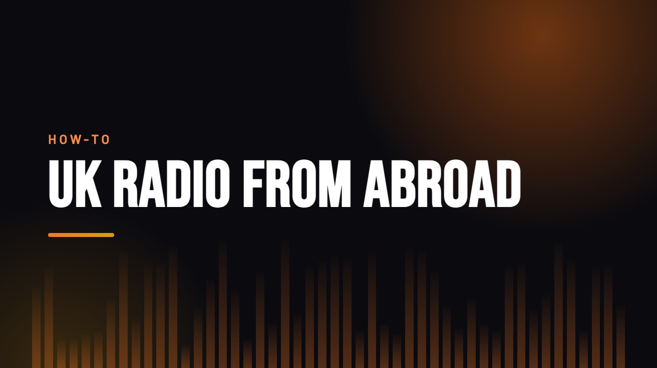 Title card for the guide: UK Radio from Abroad, in amber on black with an equaliser motif