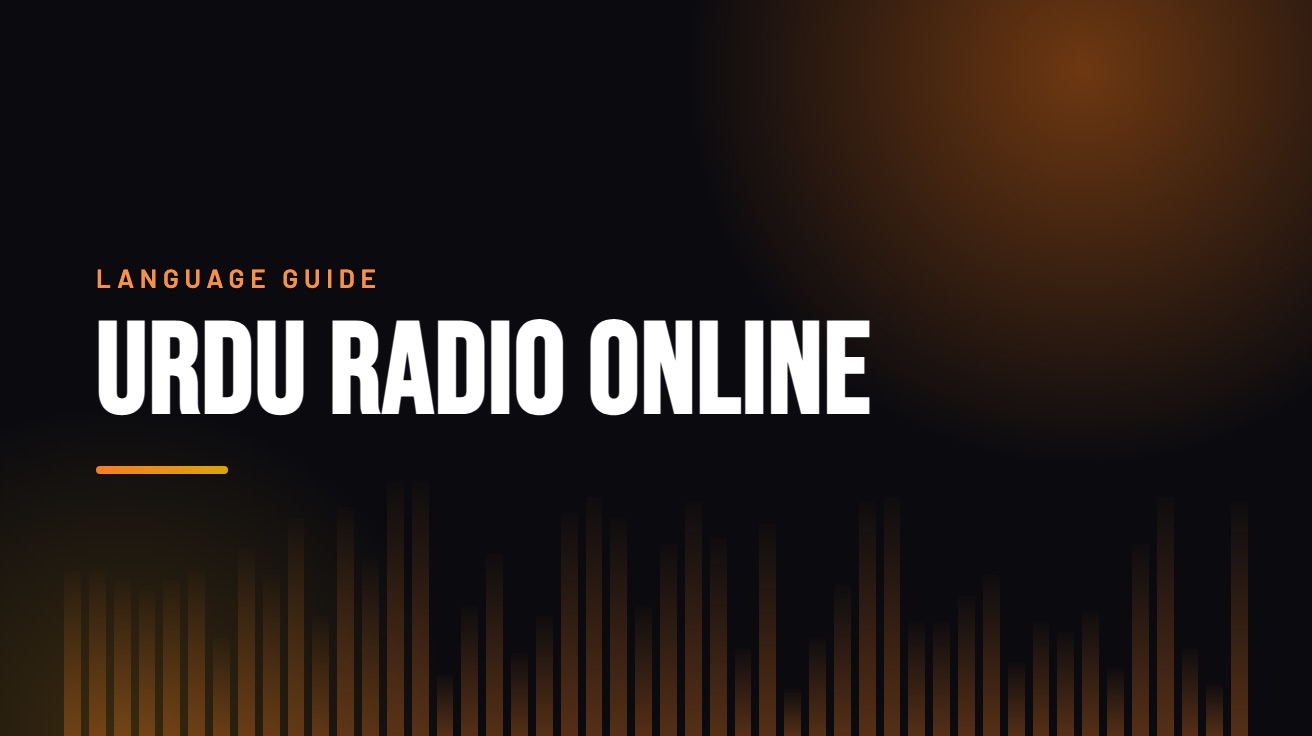 Title card for the guide: Urdu Radio Online, in amber on black with an equaliser motif