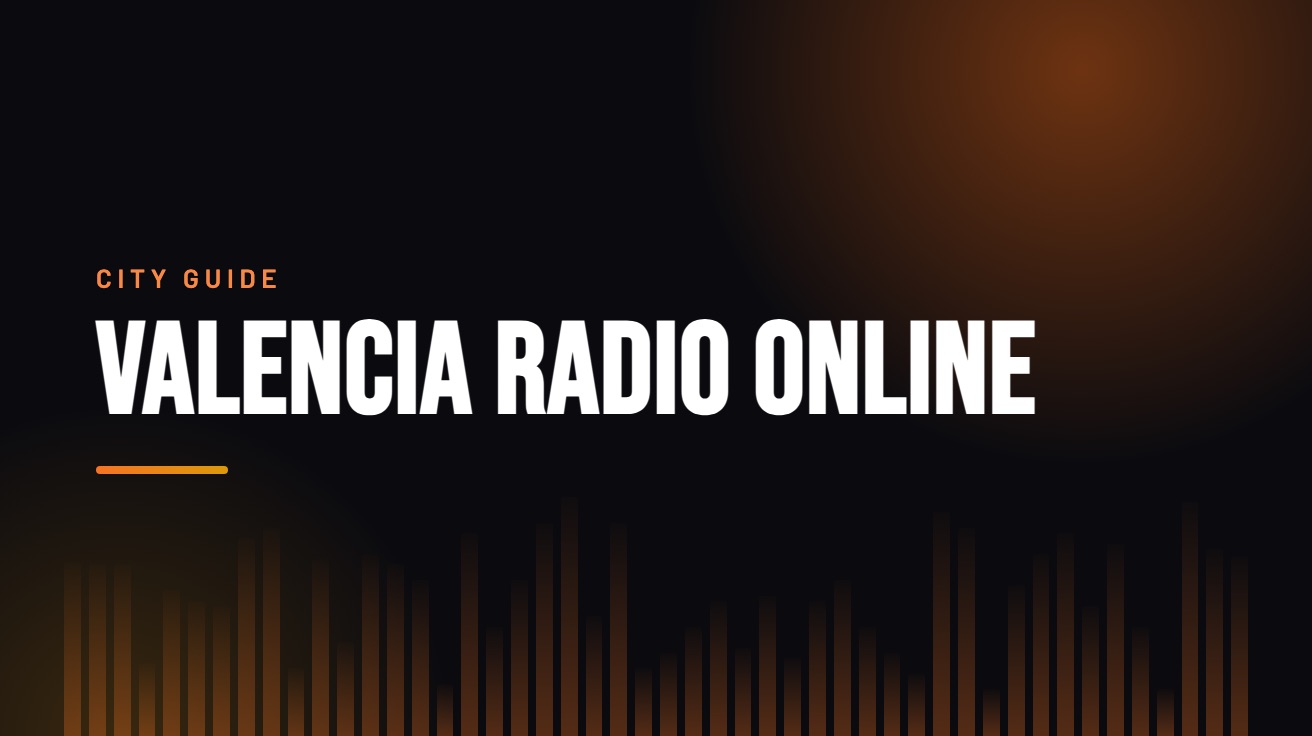Title card for the guide: Valencia Radio Online, in amber on black with an equaliser motif
