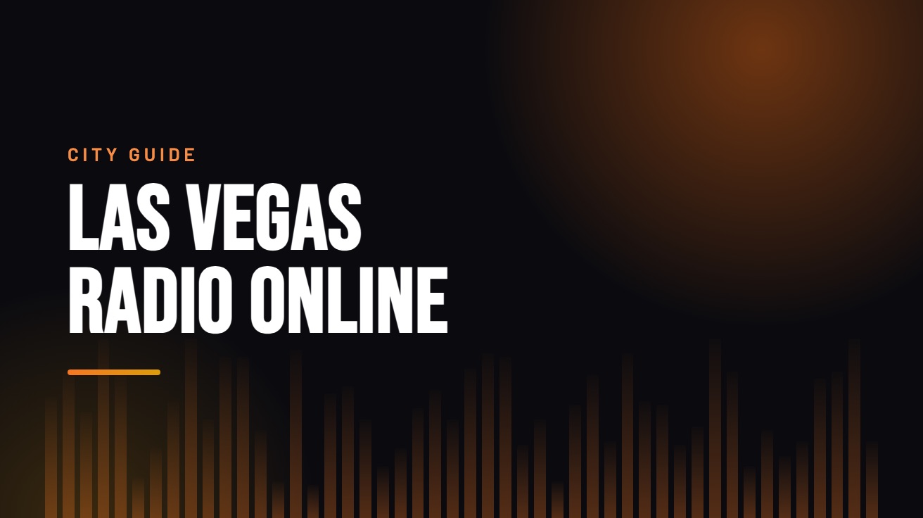 Title card for the guide: Las Vegas Radio Online, in amber on black with an equaliser motif
