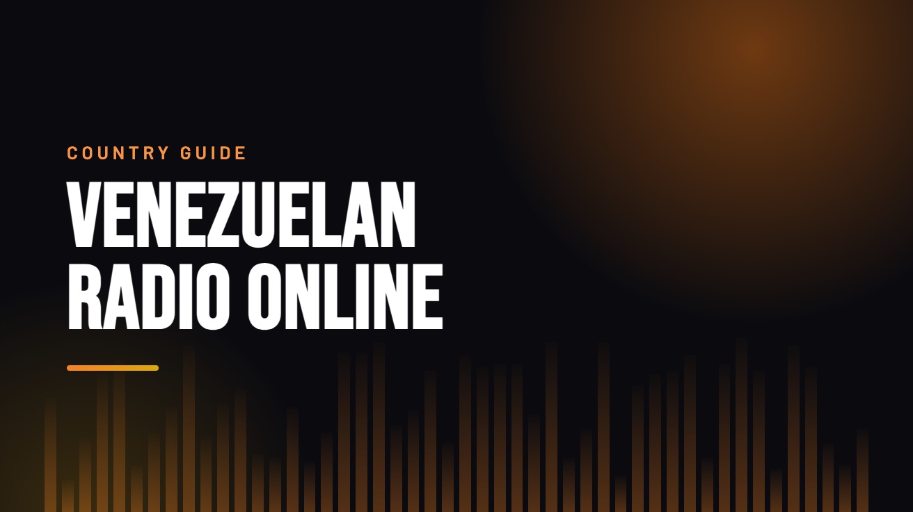 Title card for the guide: Venezuelan Radio Online, in amber on black with an equaliser motif